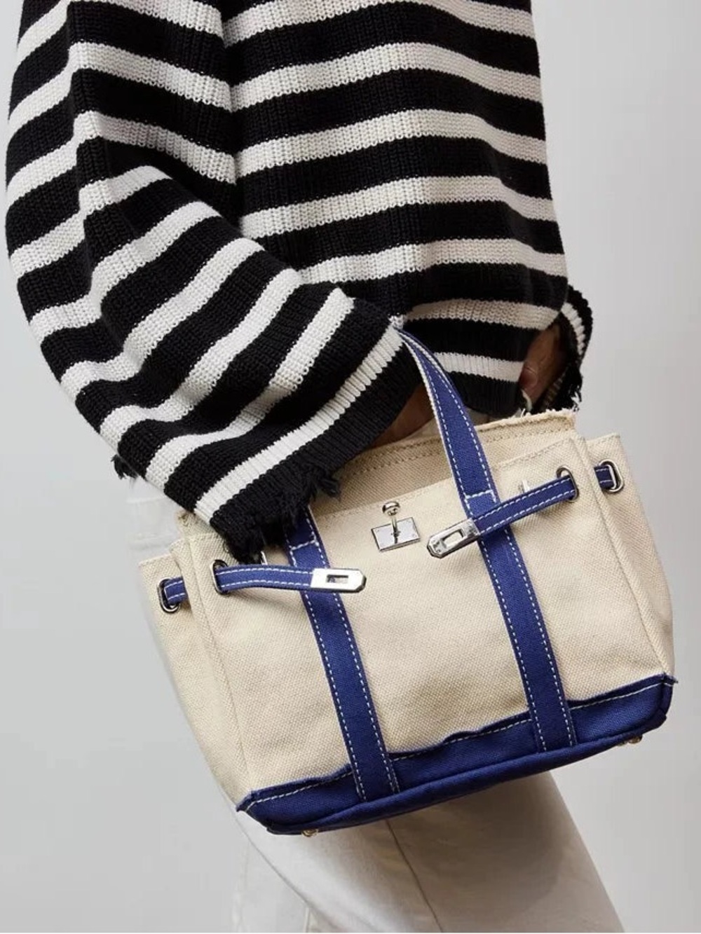 SUNWIN Canvas Boatkin Tote Bag with Blue Trim Handbag Birkin Silver Hardware